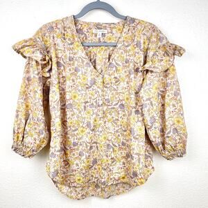 Womens Top Sz S Prairie Cottage Puff Sleeve Ruffle Natural Boho Earthy Herbalist